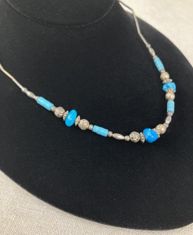 Silvertone Beaded Turquoise Necklace - 2