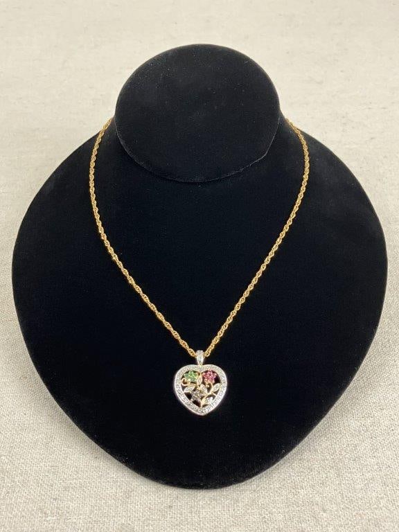 Ross-Simons Floral Heart Necklace: Sterling silver necklace by Ross-Simons featuring a floral heart pendant finished in gold vermeil and accented with ruby, sapphire, and emerald stones forming delicate flower motifs. Stamped 925 R