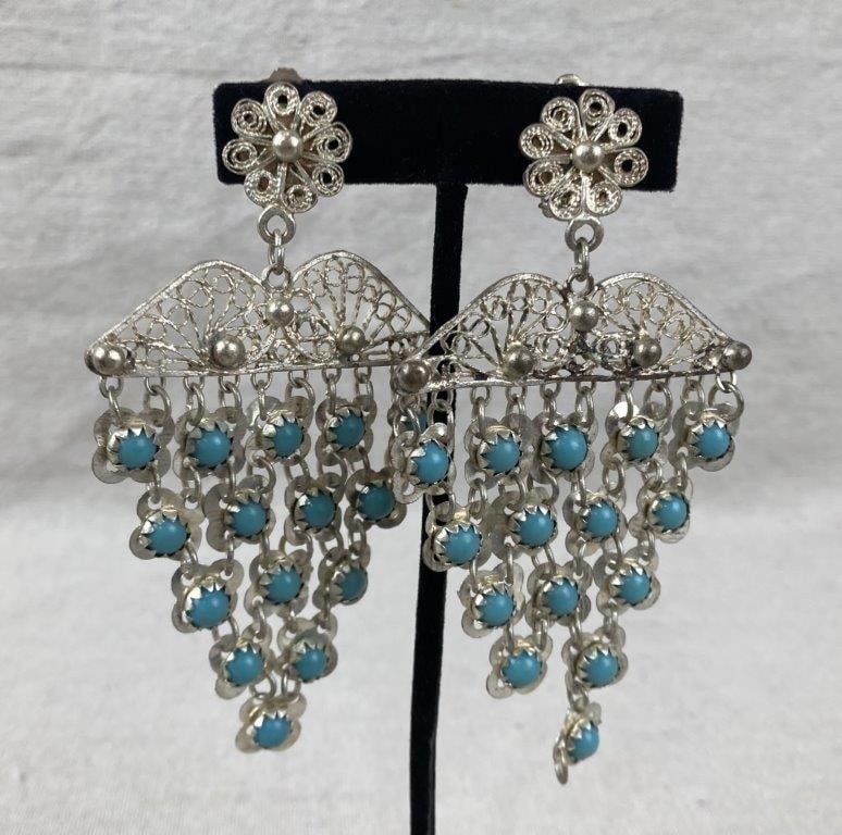 Native American Sterling Silver and Turquoise Clip-On Chandelier Earrings (1 of 3)