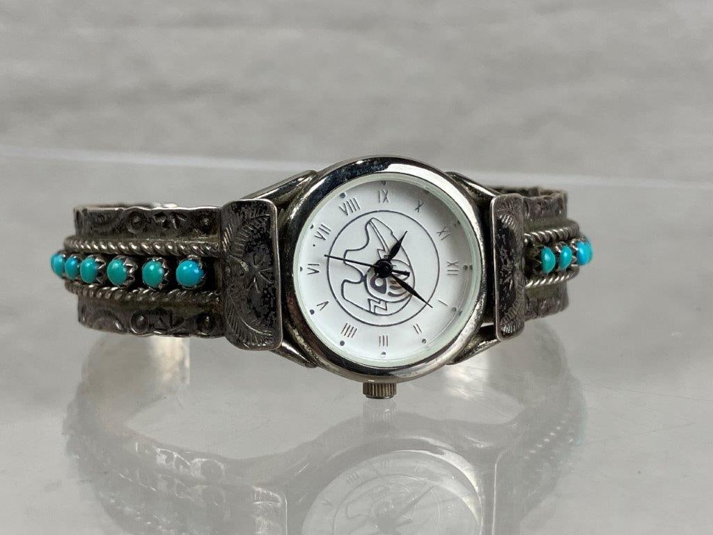 JP Ukestine Native American Sterling Silver and Turquoise Wristwatch (1 of 9)