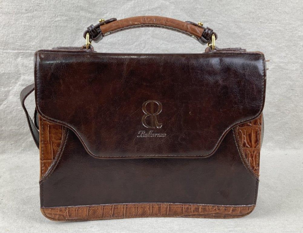 Vintage Bellerose Leather Top-Handle Organizer Crossbody Purse: Vintage leather organizer purse by Bellerose, designed for use as either a top-handle bag or a crossbody. Crafted in brown leather with contrasting smooth, lighter-brown crocodile-embossed leather