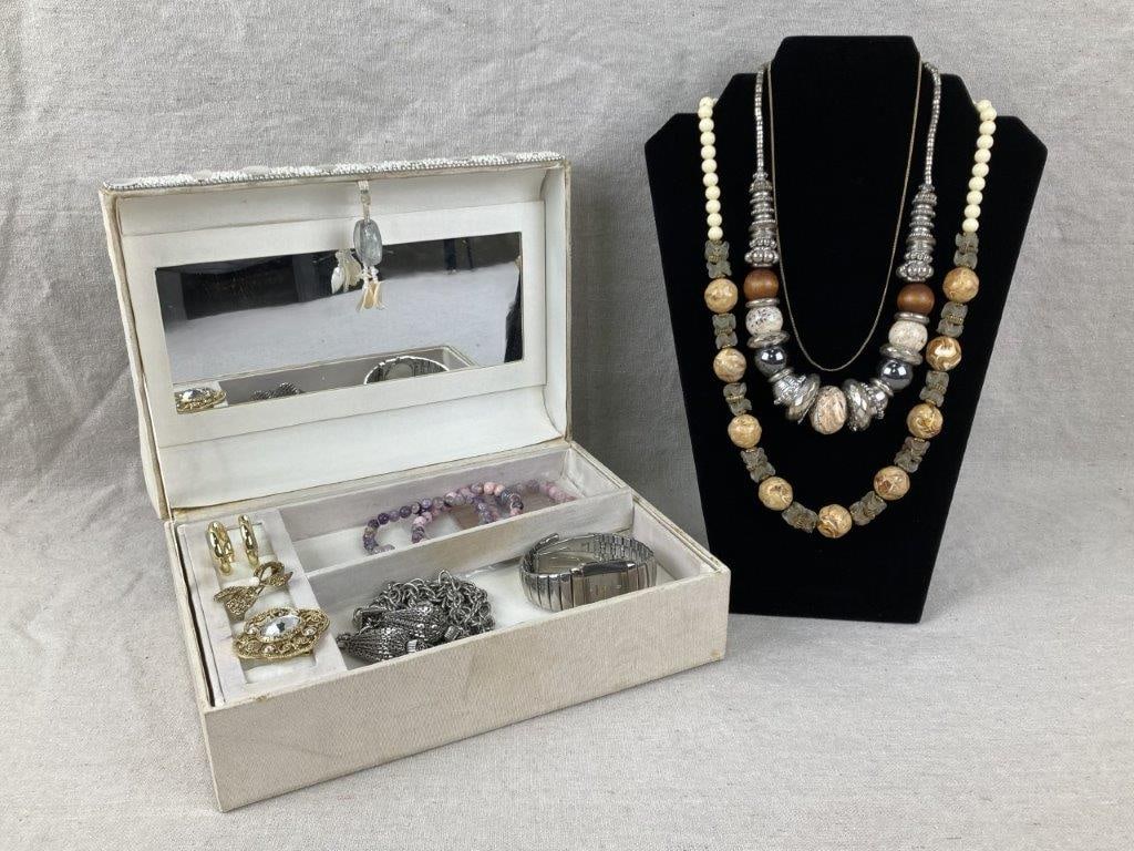 Mother-of-Pearl, Bead, and Silk Vintage Jewelry Box with Jewelry Assortment (1 of 16)