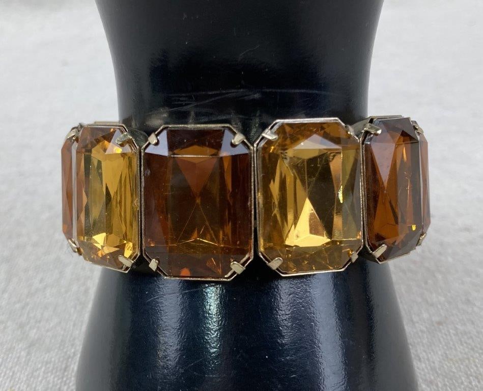 Goldtone Stretch Bracelet with Amber Rhinestone-Style Panels (1 of 3)