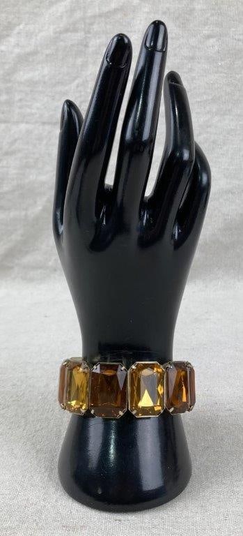 Goldtone Stretch Bracelet with Amber Rhinestone-Style Panels - 2