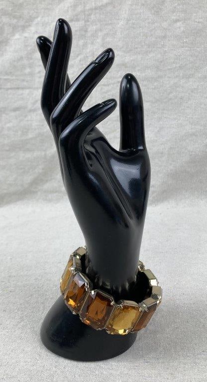 Goldtone Stretch Bracelet with Amber Rhinestone-Style Panels - 3