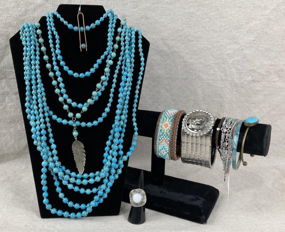 Southwestern-Style Jewelry Assortment: Assorted group of Southwestern-style jewelry featuring turquoise-toned beads throughout. The collection includes one ring, a single earring, five bracelets, and two necklaces. A standout example inclu