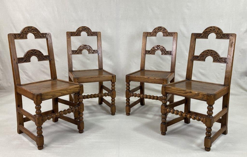 Four Arts and Crafts Chairs: A set of four Arts and Crafts chairs produced in the Somma workshop of New York between 1900 and 1930, executed in the Yorkshire taste to compete stylistically with the work of Stickley. Crafted in oa