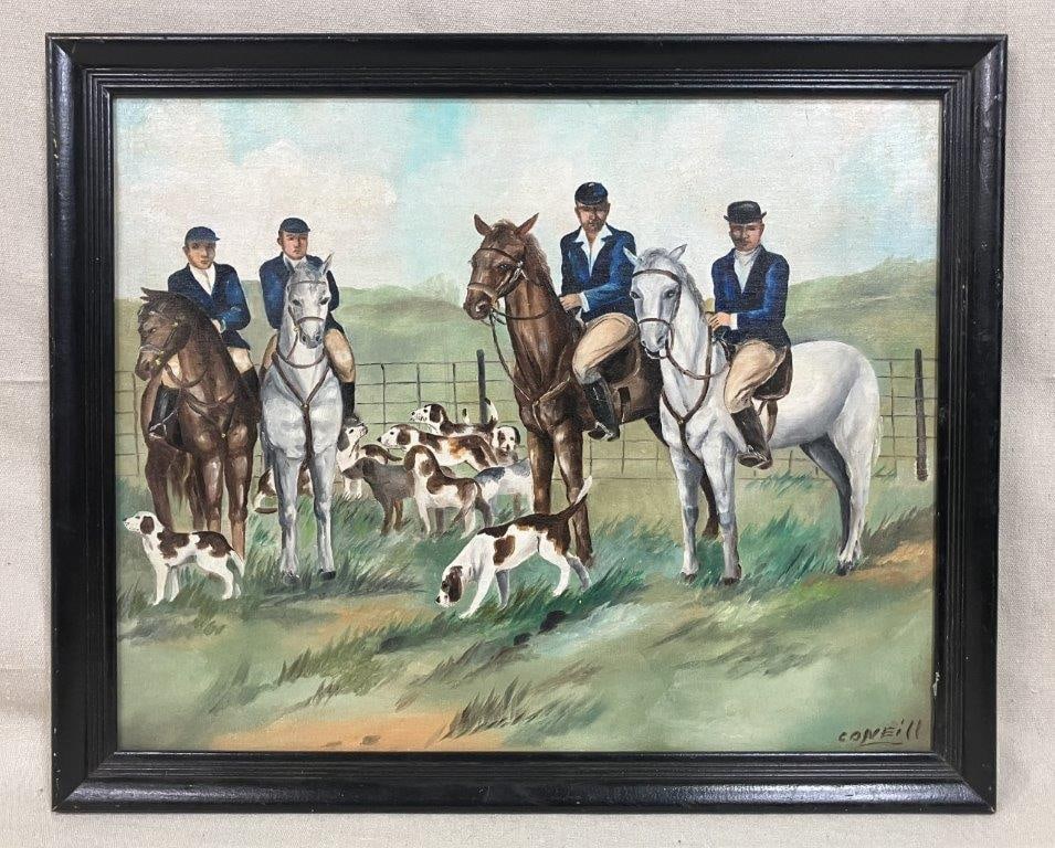 Connell, Hunting Scene with Riders and Hounds: A 20th century oil on board depicting four mounted riders in traditional blue hunt coats gathered with a pack of foxhounds before a country fence line. Rendered in a charming folk art sporting style.