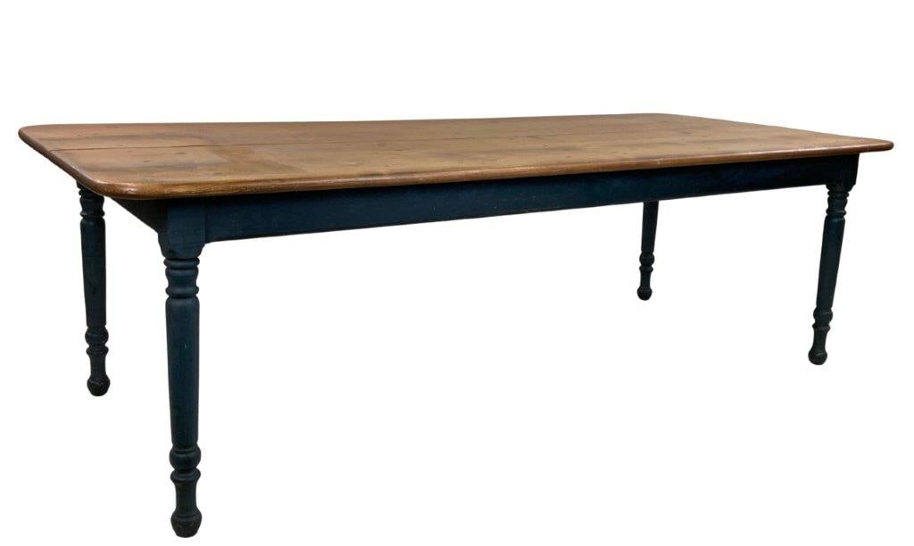 Large Country Farm Table: A substantial country farm table featuring a blue painted frame with turned legs and a multi-board pine top. A handsome contemporary example of traditional country furniture with pleasing proportions