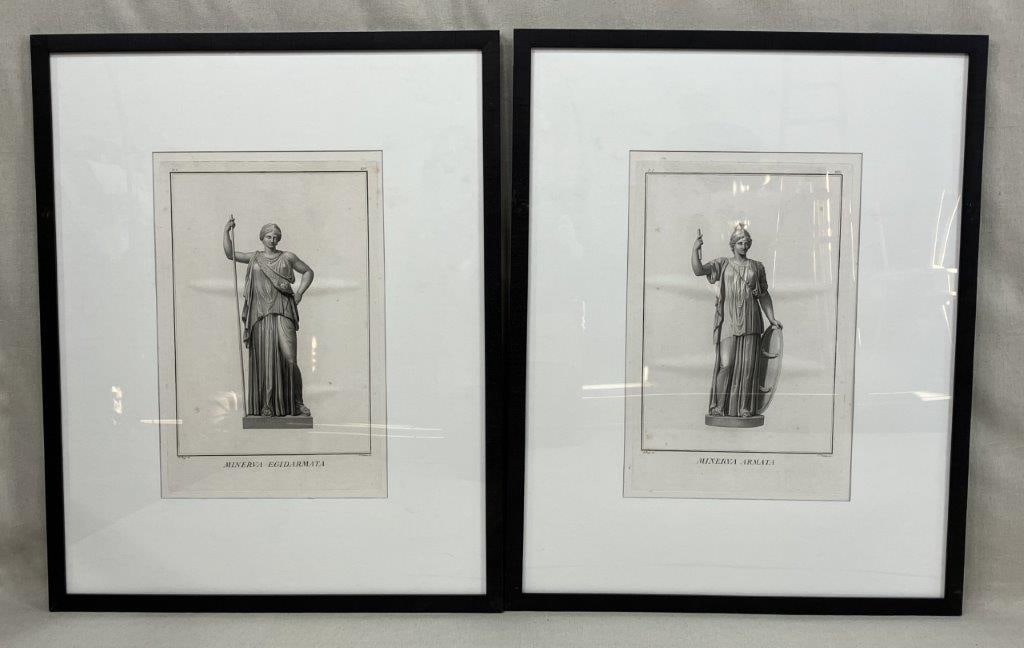 Pair of Pietro Fontana Classical Engravings of Minerva, 19th Century: A pair of classical engravings depicting views of Minerva, the Greek goddess, titled Minerva Armata and Minerva Egidarmata, after Pietro Fontana (1762–1837), the Italian engraver active in Rome