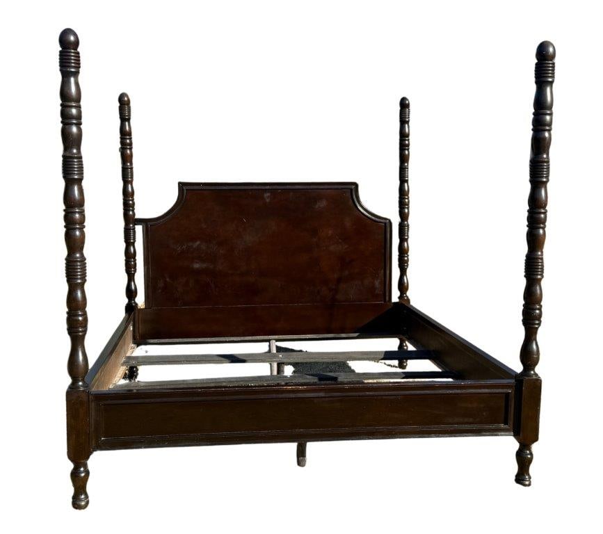 Drexel Heritage King Size Tall Post Bed: A Drexel Heritage king size tall post bed in the Lord Byron style from the Portobello Home Collection, crafted in dark walnut with a deep ebony-toned finish. The design features boldly turned tall