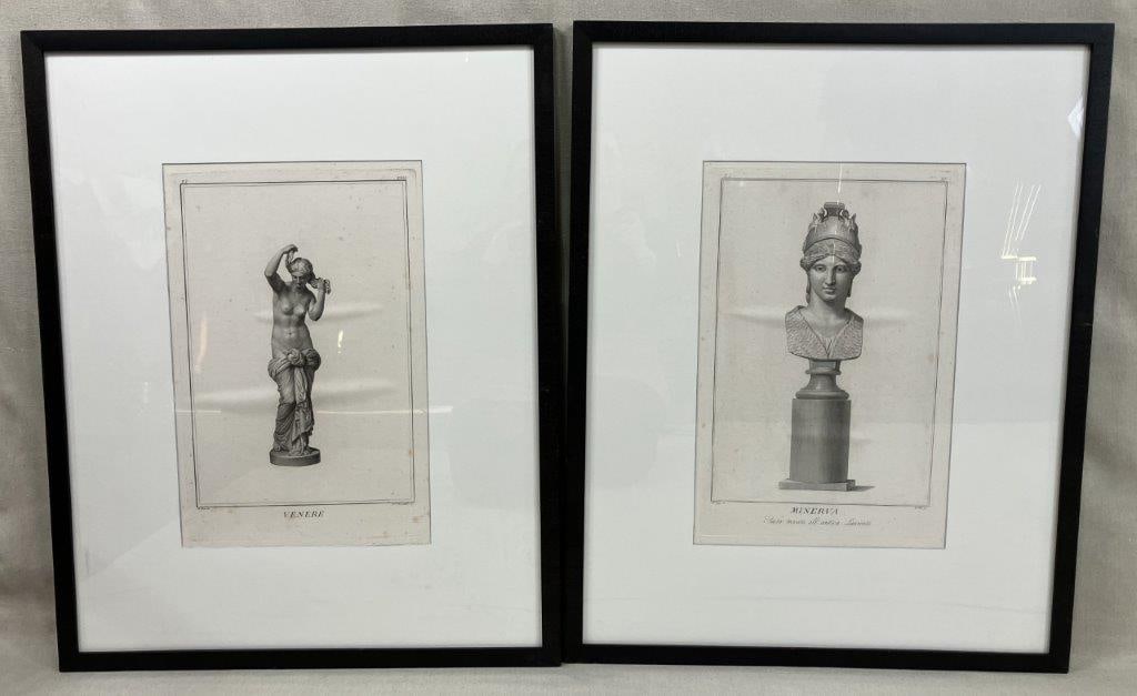 Pair of 19th Century Classical Engravings: A pair of 19th century classical engravings, one depicting a bust of Minerva and the other titled Venere, engraved by Domenico Marchetti (1780–1844), known for creating prints after celebrated