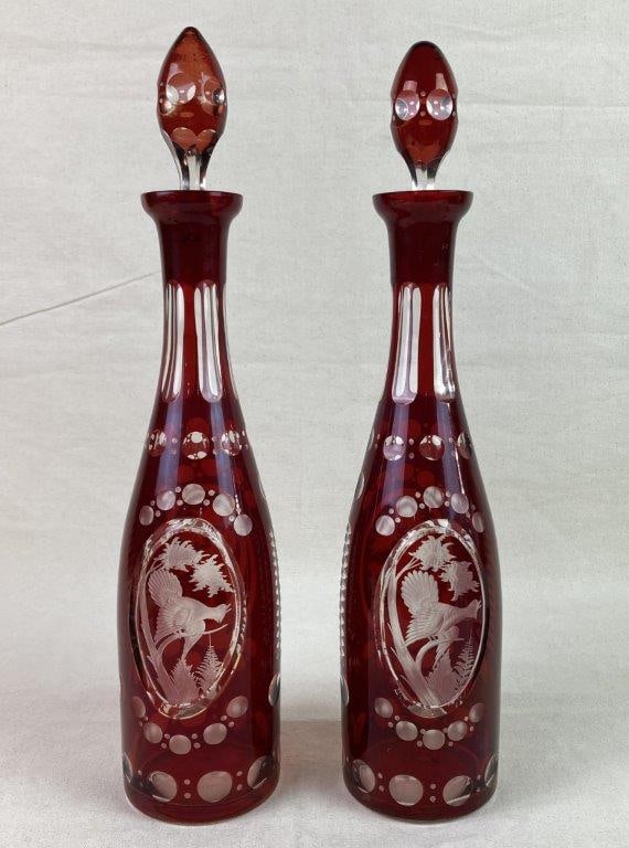 Bohemian Ruby Red Cut-to-Clear Crystal Decanters - 2