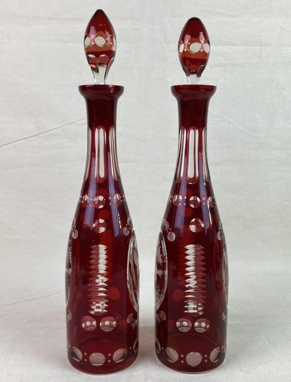 Bohemian Ruby Red Cut-to-Clear Crystal Decanters - 3