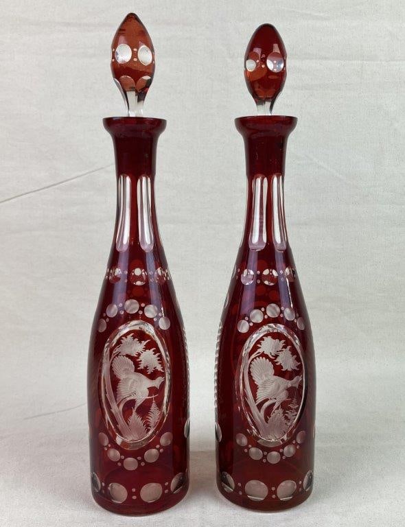 Bohemian Ruby Red Cut-to-Clear Crystal Decanters - 4