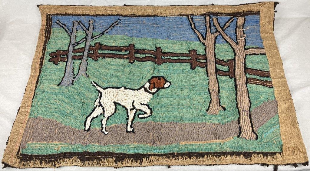 Antique Folk Art Hooked Hunting Dog Rug - 5