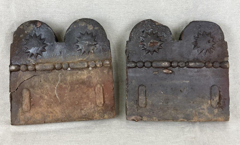 Southern Slave Grave Marker Tiles: A pair of Southern slave grave marker tiles reflecting the folk art craftsmanship associated with enslaved artisans, most commonly found in Georgia during the 18th and 19th centuries. Each tile featur