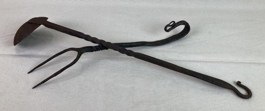 19th Century Wrought Iron Hand-Forged Cooking Ladle and Fork - 4