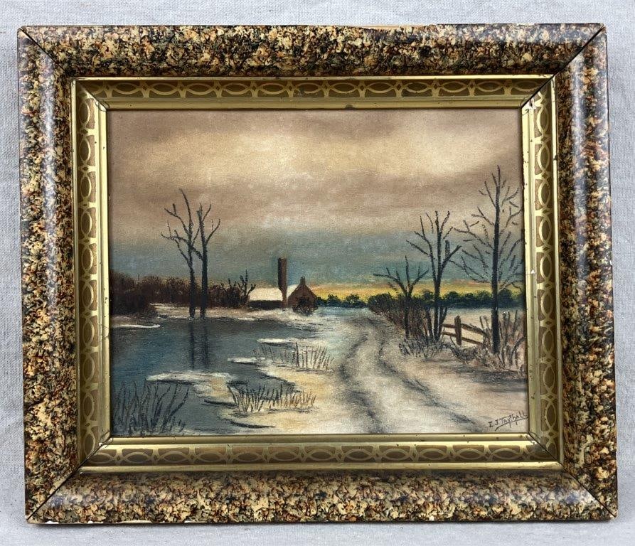 Signed Country Pastel Landscape Drawing: A pastel painting depicting a winter landscape with a rustic cabin, bare trees, a winding path, and a body of water. Signed E. J. Taythall. Housed in a decorative wooden frame with gold gilt accents.