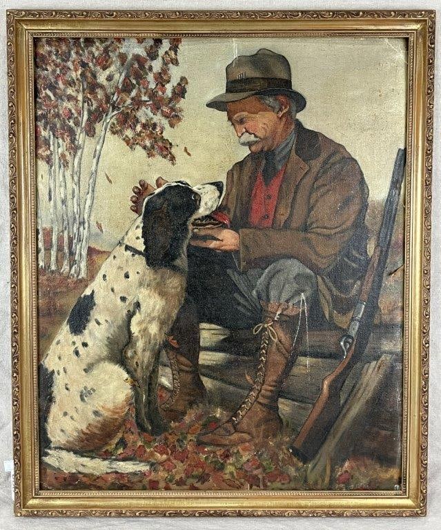 Folk Art Oil Painting of Man and Hunting Dog: A folk art oil painting depicting a man and his hunting dog at rest with a rifle alongside, set within an autumn landscape. Rendered with subtle, expressive brushwork. Housed in an ornate gilt frame.