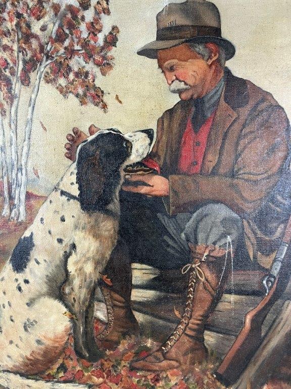 Folk Art Oil Painting of Man and Hunting Dog - 2