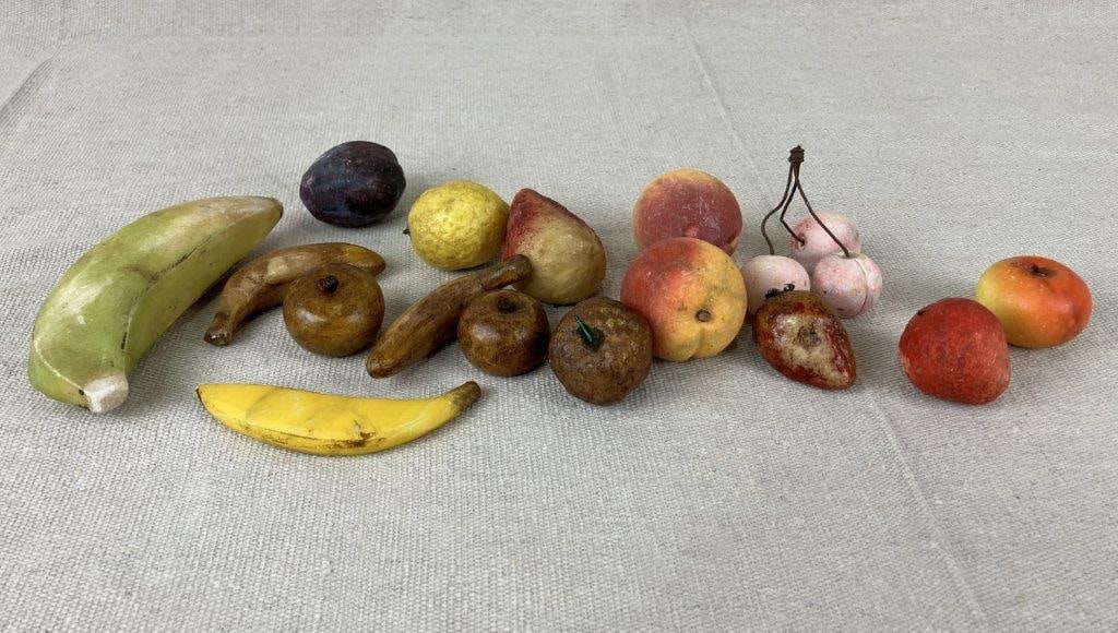 Small Stone Fruit Grouping: A decorative stone fruit, expertly formed from finished alabaster with naturalistic shaping and smooth surface. One example measures approximately 1 3/8″ in diameter. Shows general surface wear