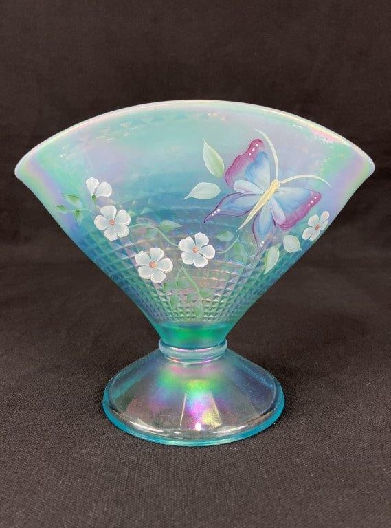 Fenton Aqua Iridescent Butterfly Fan Vase - 2