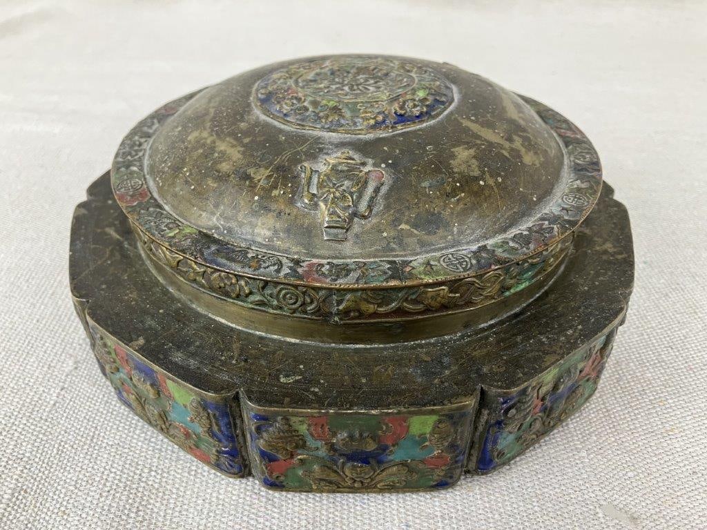 Chinese Brass Champleve Enamel Trinket Box: A Chinese brass trinket box decorated in the champlevÃ© enamel technique, featuring relief-cast brass with ornate floral and animal motifs. The recessed fields are filled with vibrant
