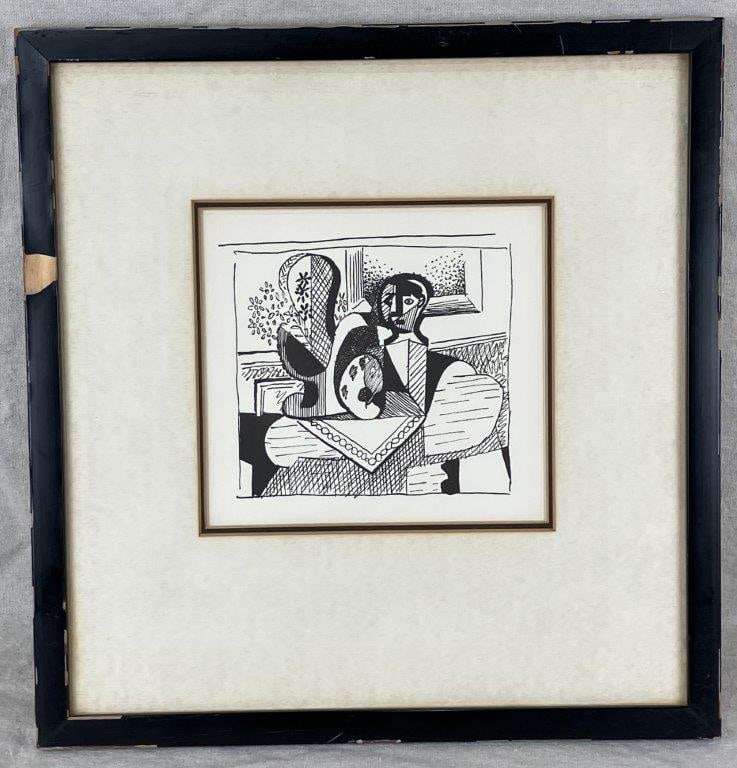 Pablo Picasso Painter Picking Up His Brush Cubist Lithograph: A Cubist lithograph titled Painter Picking Up His Brush, originally created as an illustration for Honoré de Balzac’s 1931 short story The Unknown Masterpiece. Executed in a bold,