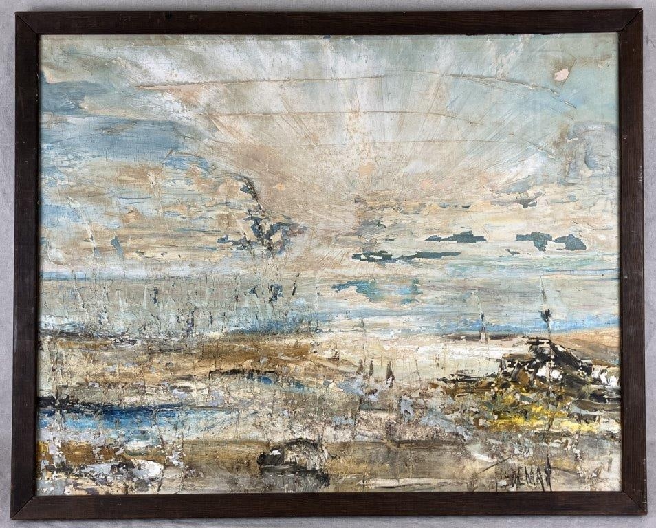 Mid-Century Abstract Expressionist Coastal Landscape: A mid-century abstract expressionist landscape rendered in rich aquamarine blues, featuring gestural impasto brushwork suggestive of a coastal view. Signed by the artist at the lower right. Housed in
