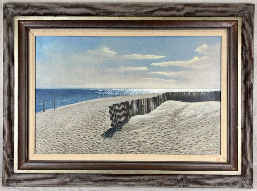 Coastal Landscape Oil Painting: An oil painting depicting a serene An oil painting depicting a serene coastal scene with a beach, sand dunes, and a nearby gate, rendered in rich cool tones of water contrasted against warm sandy