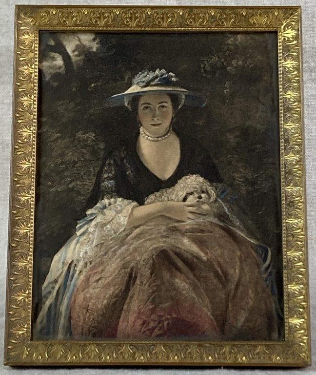 Sir Joshua Reynolds Print, Portrait of Miss Nelly O'Brien: A print after the celebrated portrait by Sir Joshua Reynolds, depicting Nelly O’Brien, a well-known London courtesan and friend of the artist. She is shown wearing a blue-and-white hat, holding
