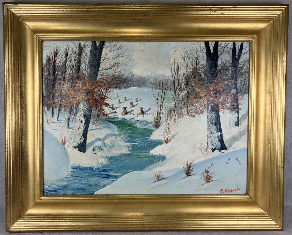 Winter Landscape Oil Painting: A mid-century oil painting depicting a winter landscape centered on a flowing river, rendered in rich, harmonious colors that capture the quiet beauty of nature. Features areas of impasto and