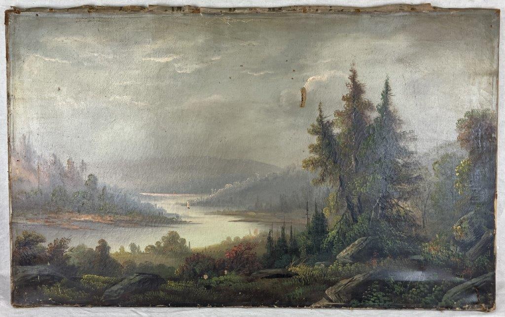 Mountain Landscape Oil Painting: An oil painting depicting a mountain landscape, likely dating from the late 19th to early 20th century. Executed on linen with careful attention to detail and precise brushwork throughout. Measures