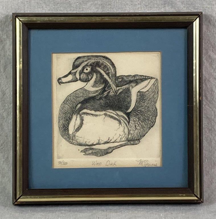 Christine McGinnis Etching, Wood Duck: An etching on paper depicting a wood duck, created by Christine McGinnis, a prolific printmaker and painter known for her intricate, naturalistic depictions of animals and birds. Issued in a limited