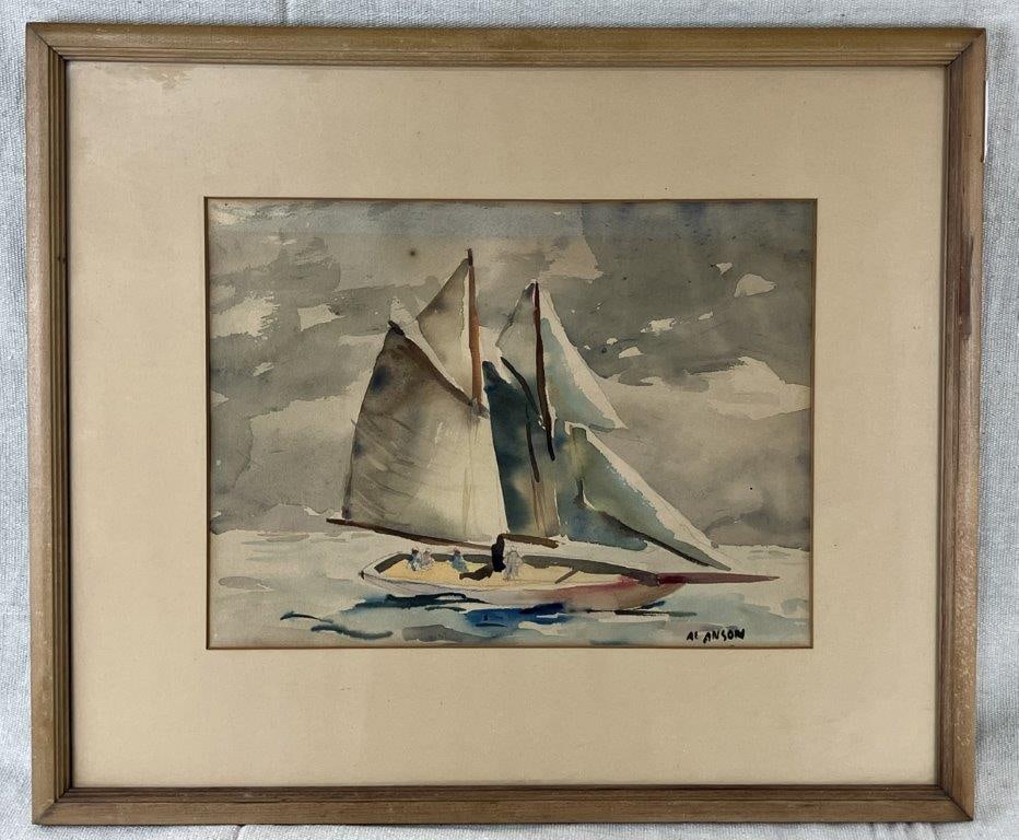 Mid-Century Ship at Sea Watercolor by Al Anson: A nautical watercolor painting depicting a ship navigating turbulent waves, signed by the artist Al Anson. Executed with loose brushwork over a structured underdrawing and enriched with saturated