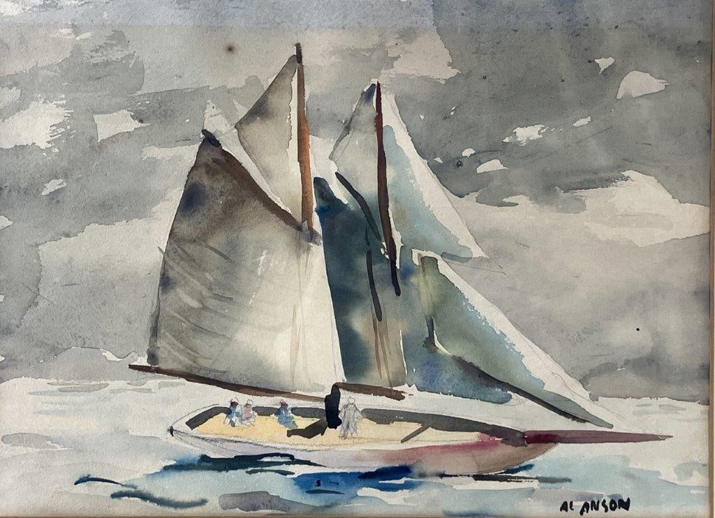 Mid-Century Ship at Sea Watercolor by Al Anson - 2