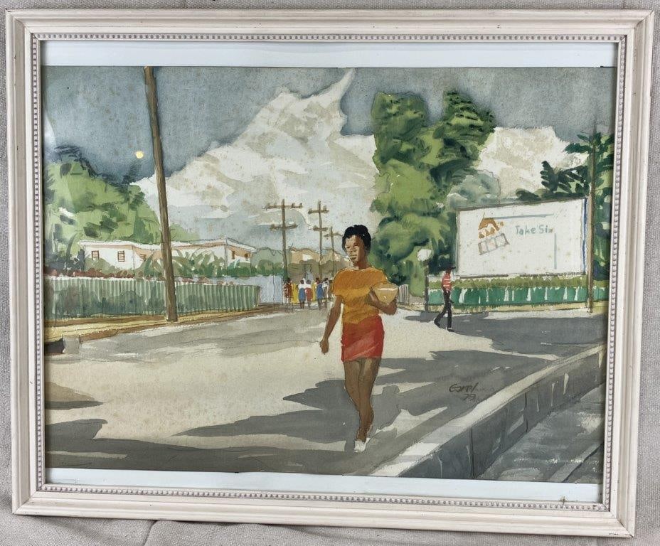 Mid-Century Black Americana Watercolor Painting: A watercolor painting signed and dated 1979, depicting an African American woman walking along a city street. Executed on watercolor paper with a descriptive linear underdrawing and loose brushwork