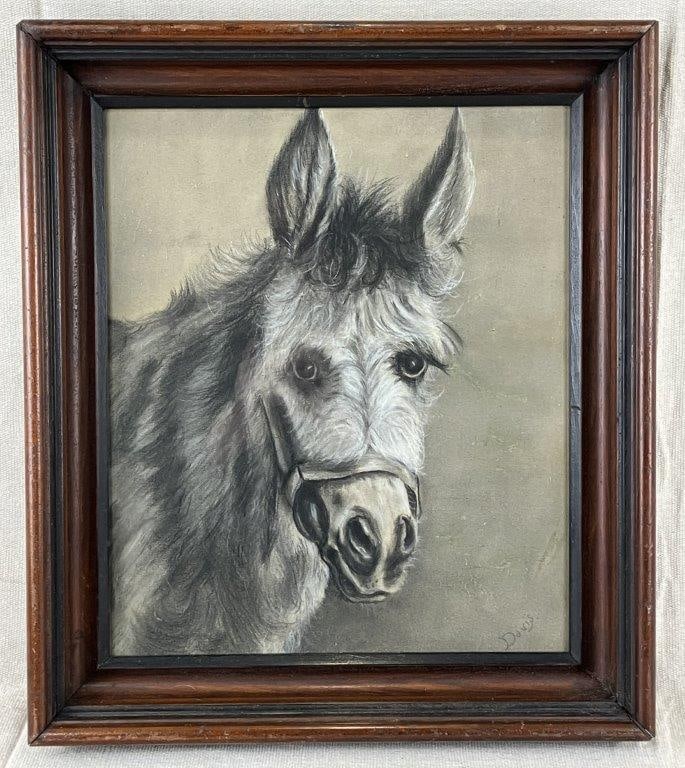 Donkey Conte Crayon Drawing: A conte crayon drawing depicting a donkey, rendered in descriptive linework to define texture and fur, with expressive eyes and carefully observed facial features. Executed on toned paper and signed