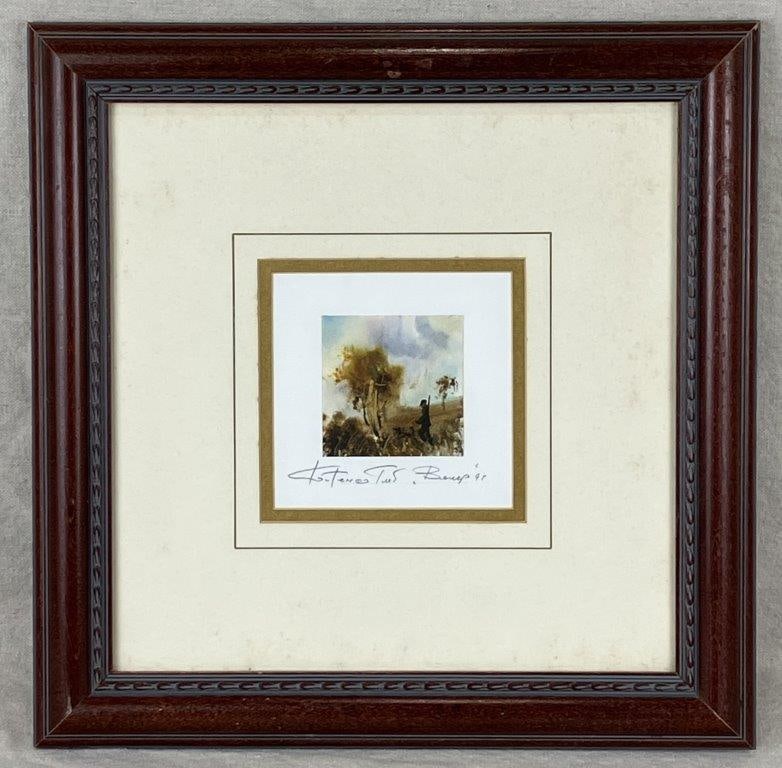 Hunting Scene Watercolor Painting: A watercolor painting depicting an African American man accompanied by a hunting dog within an autumn landscape. Signed by the artist and dated 1997. Housed in a warm-toned wooden frame. The frame