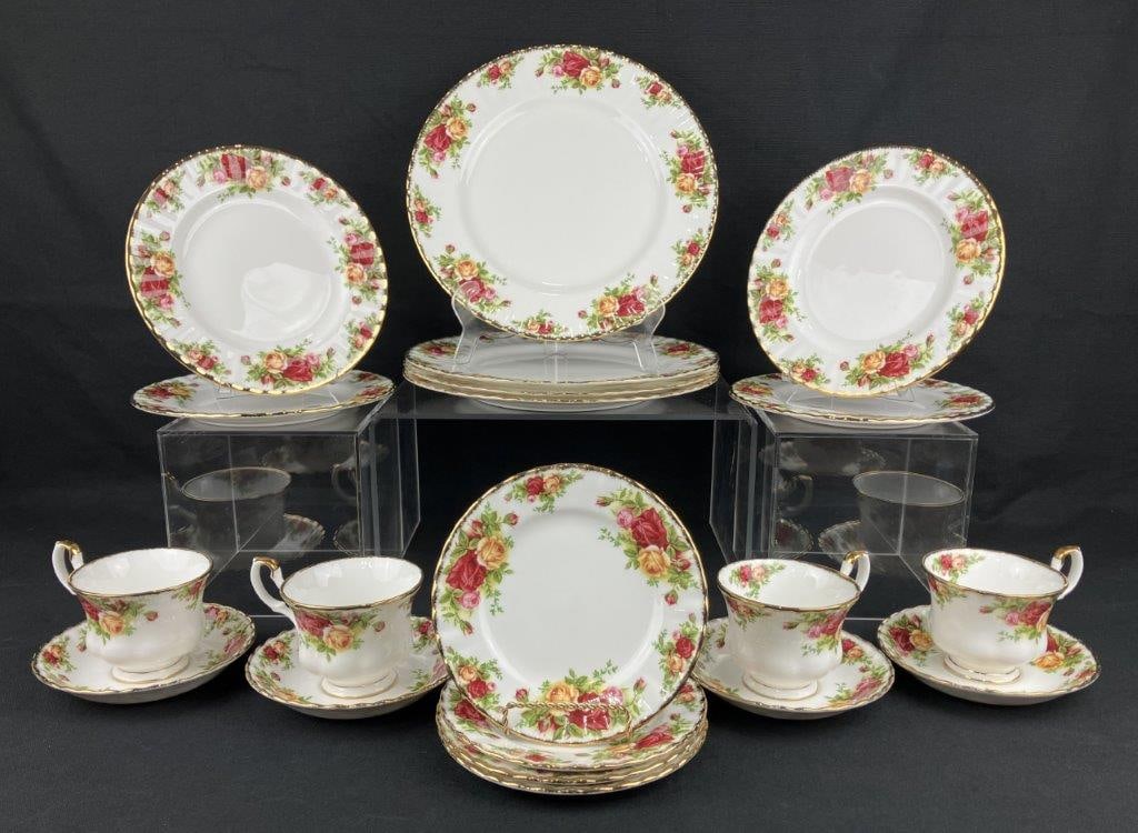 Royal Albert Old Country Roses China Collection: A coordinated china collection by Royal Albert in the iconic Old Country Roses pattern. Includes four teacups, four saucers, four bread-and-butter plates, four salad plates, and four dinner plates, al