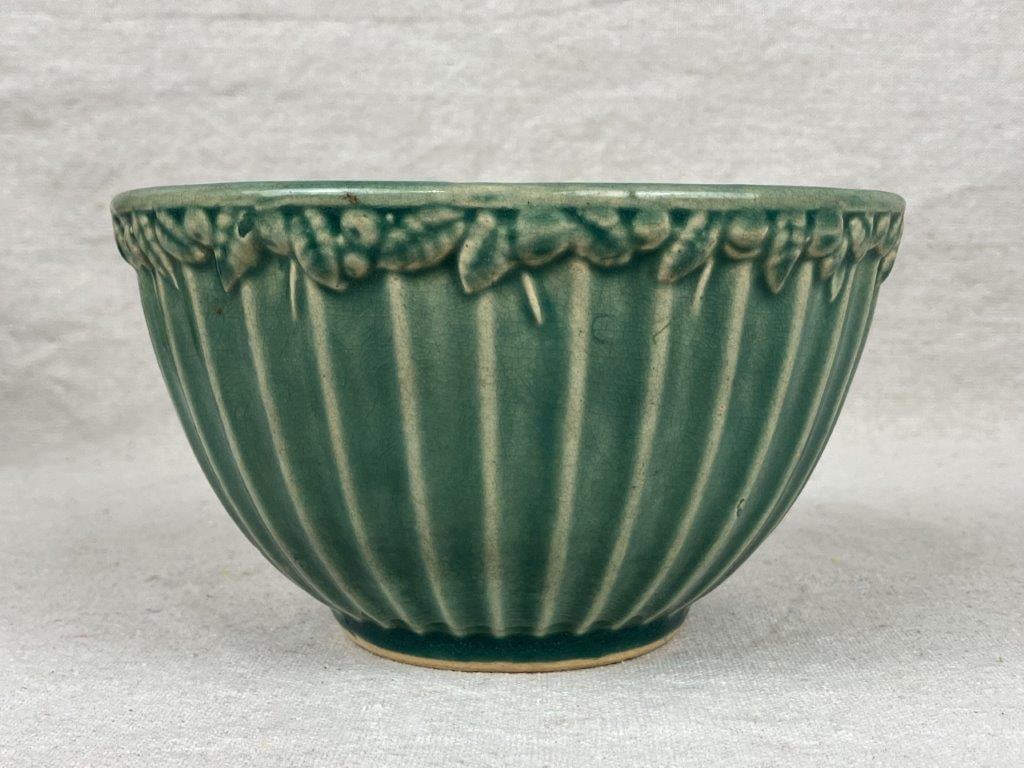 Vintage Yellow Ware Bowl with Two Green Bowls - 13