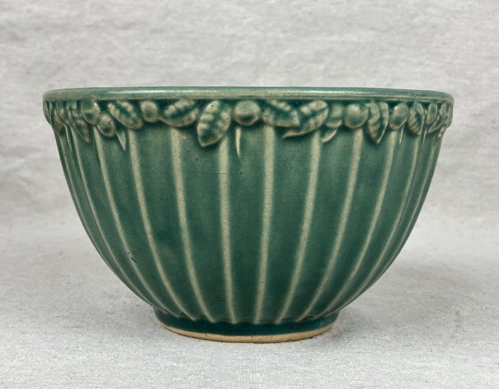 Vintage Yellow Ware Bowl with Two Green Bowls - 14