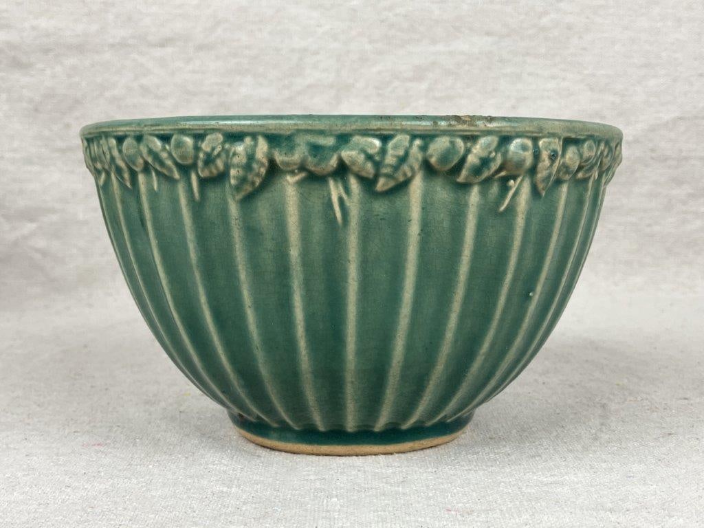 Vintage Yellow Ware Bowl with Two Green Bowls - 15