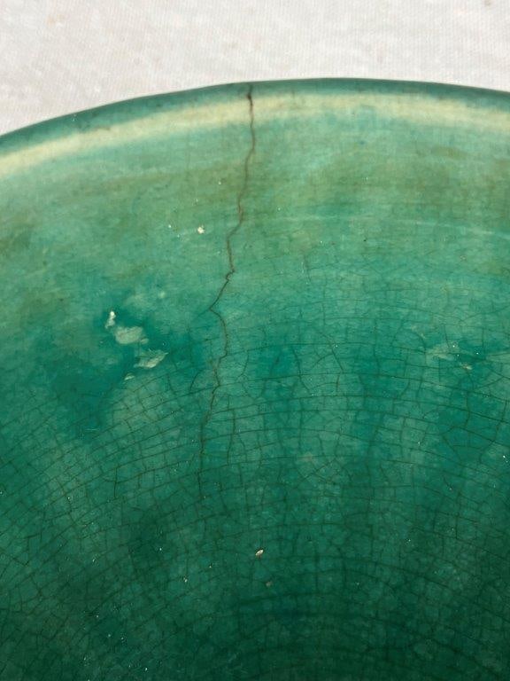 Vintage Yellow Ware Bowl with Two Green Bowls - 16