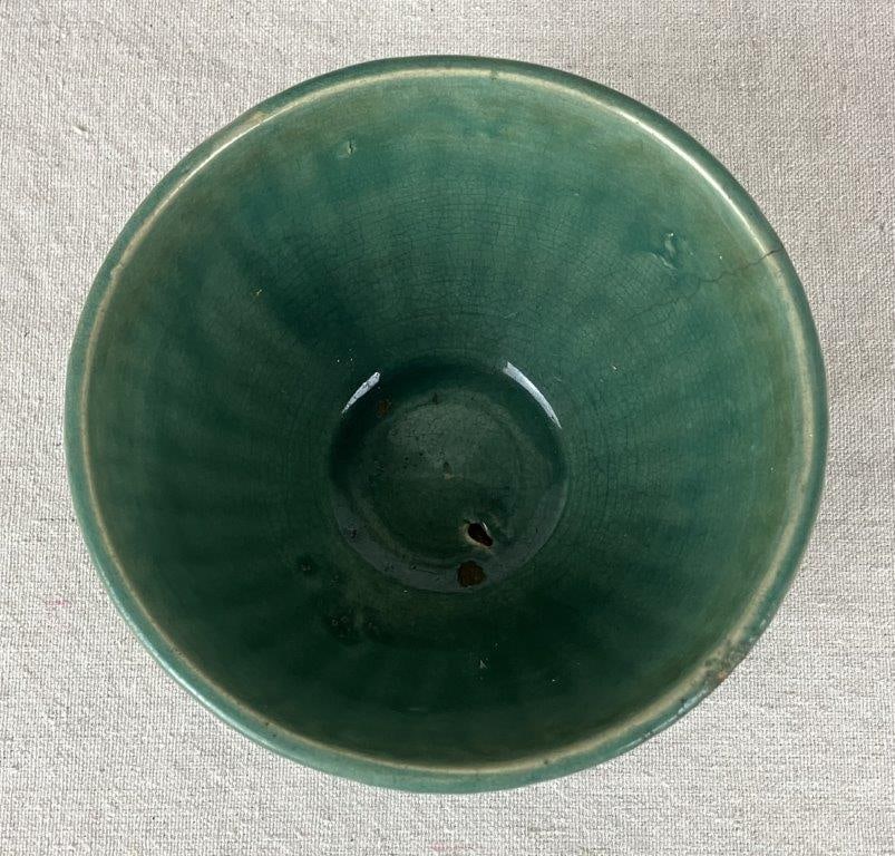 Vintage Yellow Ware Bowl with Two Green Bowls - 17