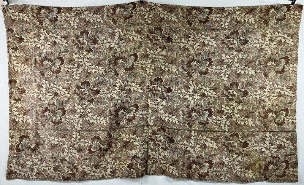 19th Century Jacquard-Woven Textile: A handsome 19th century textile featuring an elegant allover floral and scrolling acanthus leaf design in rich earthy tones of brown, muted sage, and cream. The pattern is loom-woven in a jacquard tec