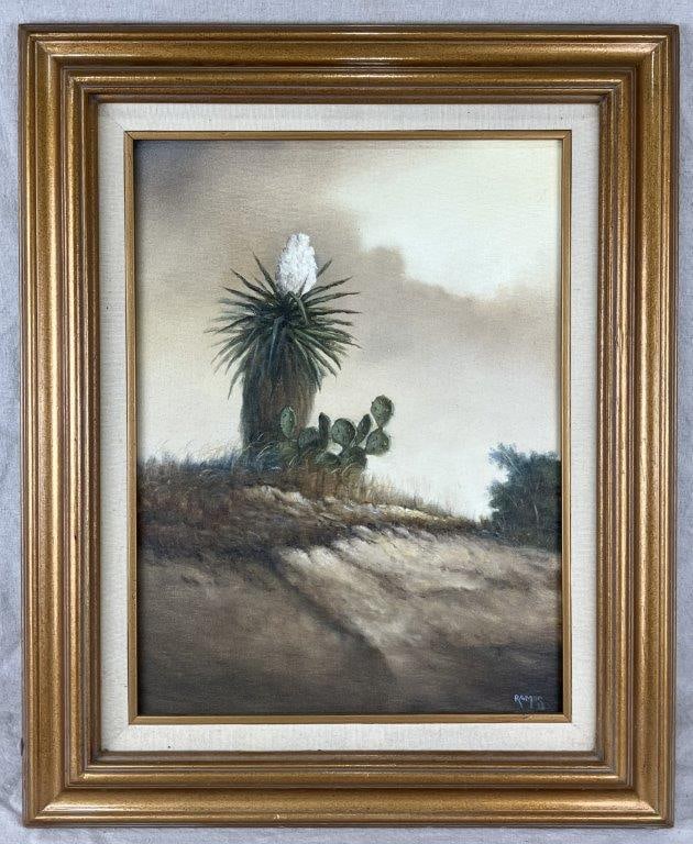 Southwestern Cactus Landscape Oil Painting: An oil painting depicting a Southwestern landscape with cactus forms, rendered with delicate brushwork and carefully observed natural coloration. Signed by the artist, Ramos, at the lower right.