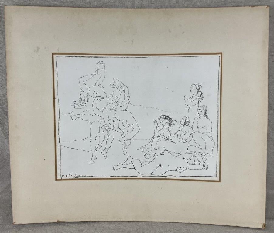Danses Lithograph by Pablo Picasso: A lithograph titled Danses, signed in plate, depicting dancers captured in motion alongside reclining figures, rendered with elegant modernist linework characteristic of Picasso’s style. Based