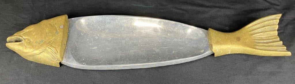 Brass-Accented Fish Serving Tray: A decorative fish-form serving tray, ideal for display, featuring brass head and tail elements that complement the silvertone body. Measures approximately 33â€³ H x 7 1/2â€&